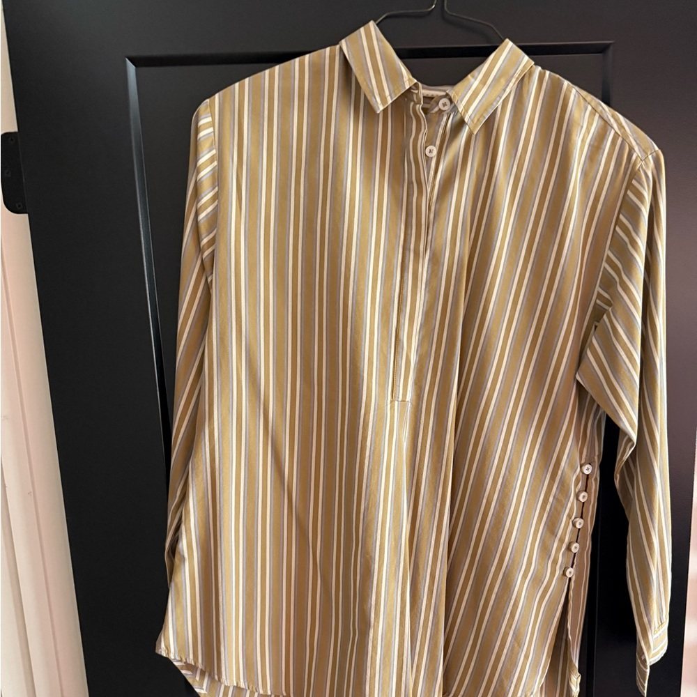Anthropologie Khaki Gray Striped Cotton Popover Shirt L Side Button Detail Chic
